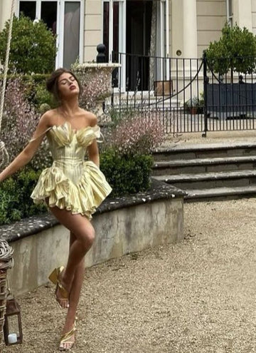 Stunning A Line Spaghetti Strap Gold Satin Short Homecoming Dress Cocktail Dress HZ1023